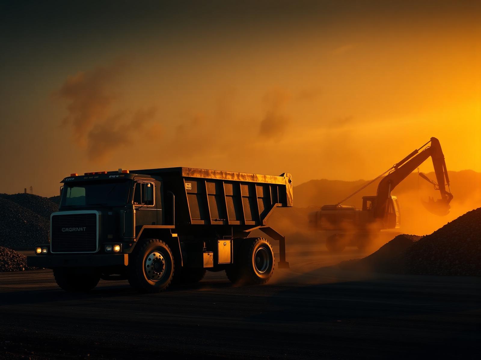 Dump truck hauling aggregate at a construction site during golden hour
